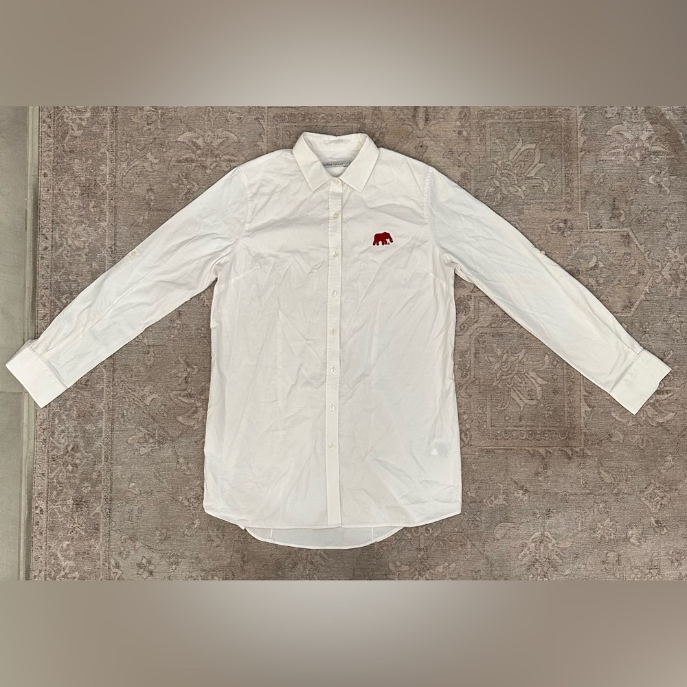 White Button-Up Shirt with Red Logo